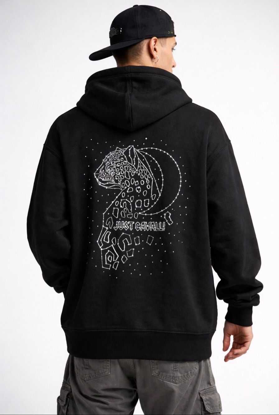 Just Cavalli Y2K Rhinestone Leopard Graphic Zip Hoodie Black XXS